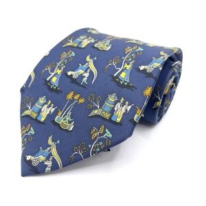Salvatore Ferragamo Men's Blue‎ Silk Tie Chinese Scenes